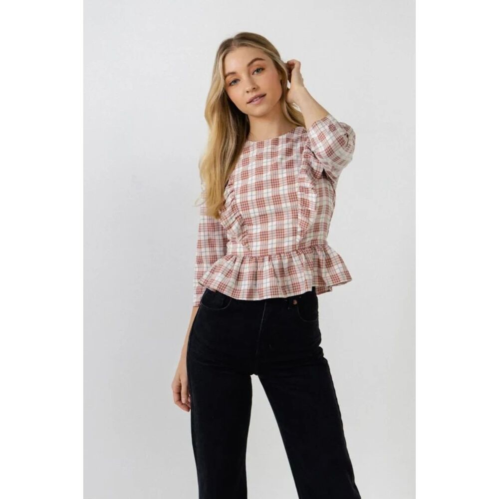 Anthropologie English Factory Checkered Peplum Plaid Top Ruffle Size Small